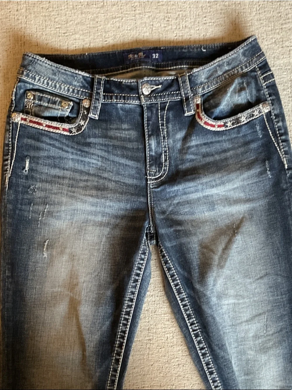 Miss Me Ankle Skinny Embellished USA Red White Blue Bling Jeans 32 Patriotic - Picture 4 of 13